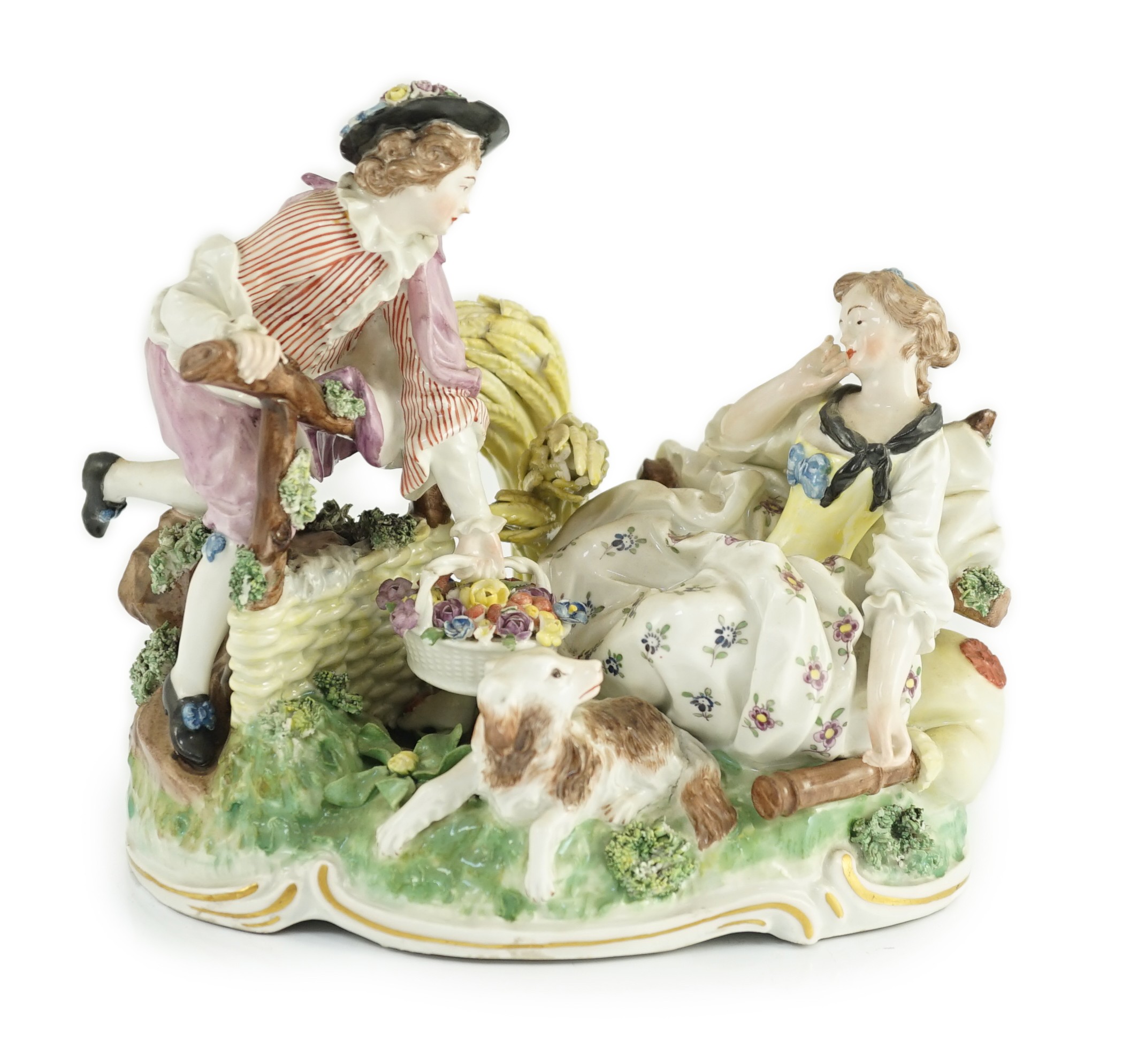 A Frankenthal porcelain bucolic group of two lovers, c.1777, 18cm high, 20.5cm wide, small typical losses, Provenance - purchased from Winifred Williams, Eastbourne/London before 1970.